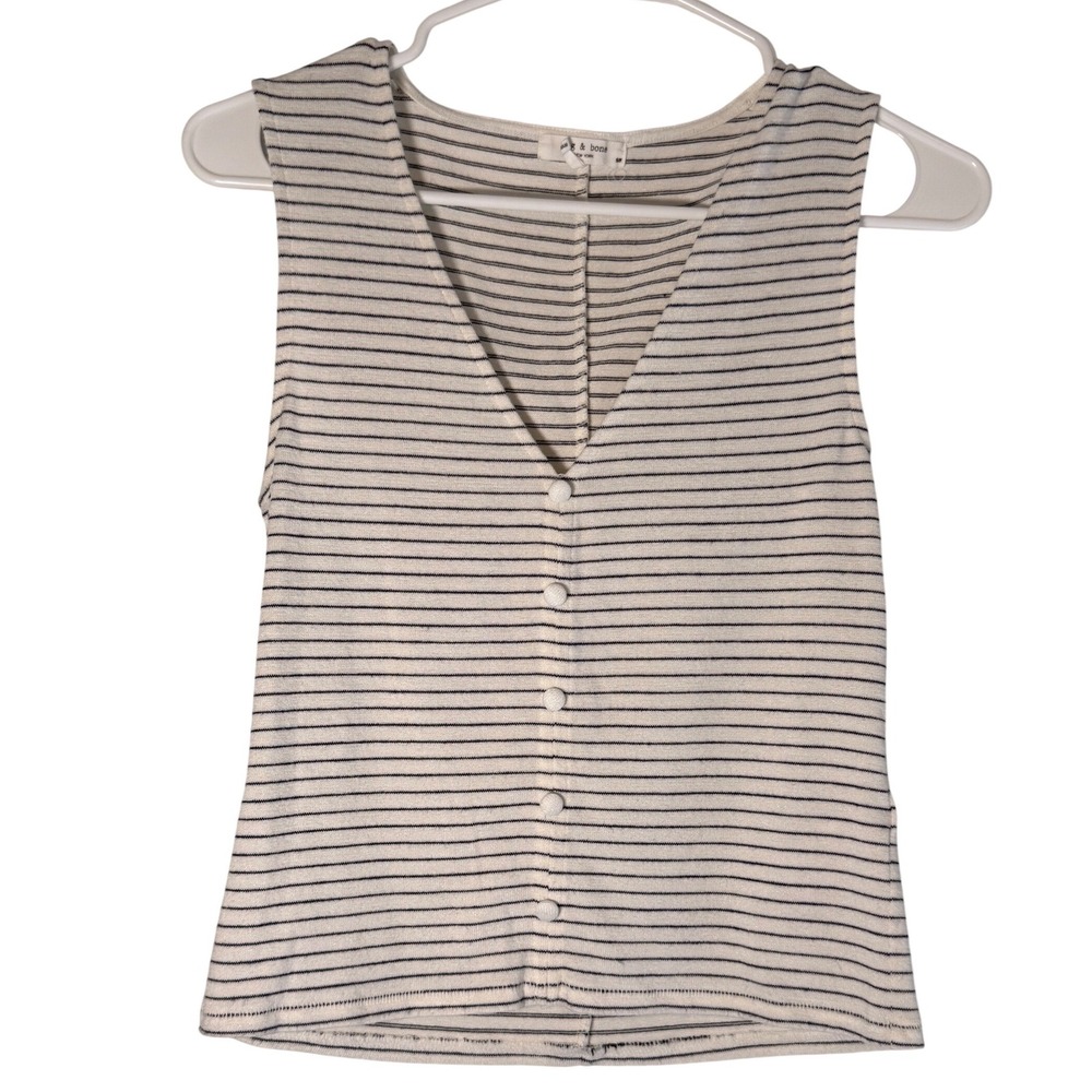Rag & Bone New York Striped V-Neck Button Front Sleeveless Top White Navy S/P